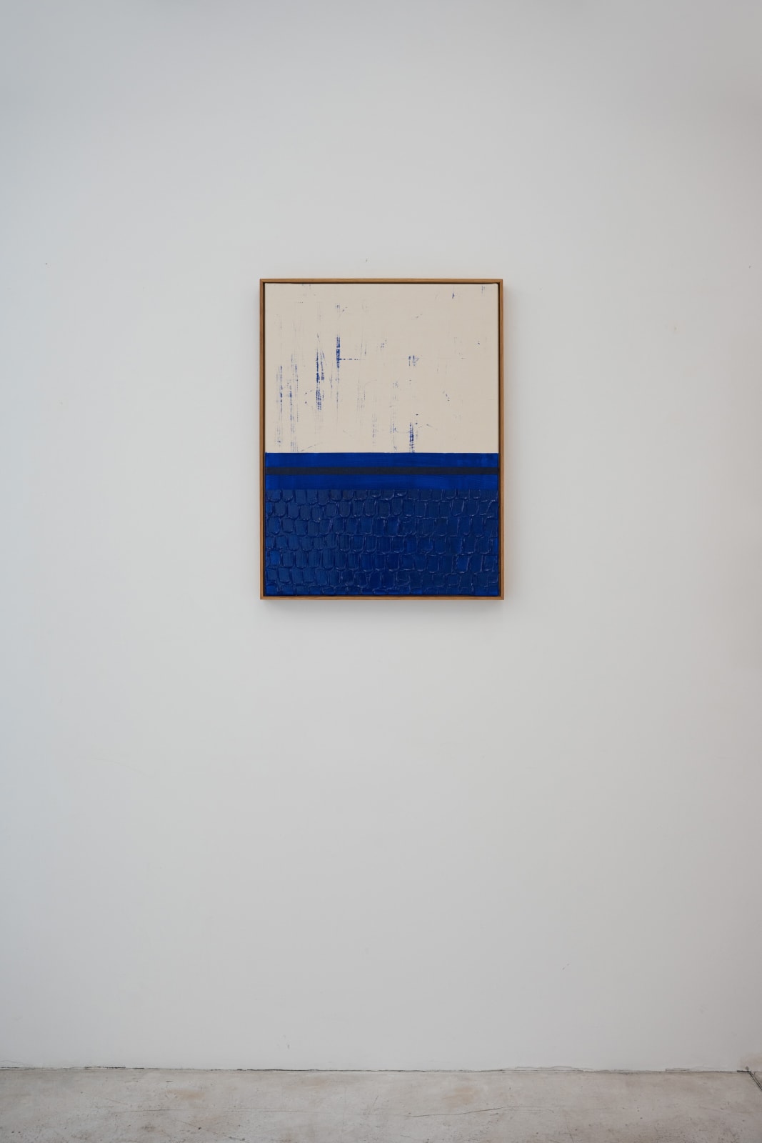Søren Sejr, Composition Blue. Vanished scribble, one line oil stick, one block tiles bottom, 2025