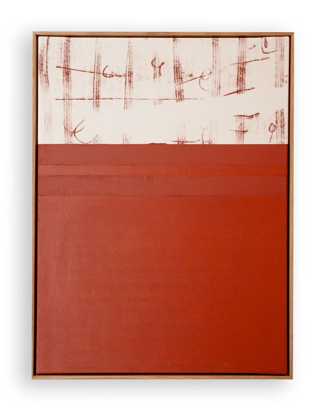 Søren Sejr, Composition Red. Scribble lines top, one line oil stick, one block oil stick bottom, 2025