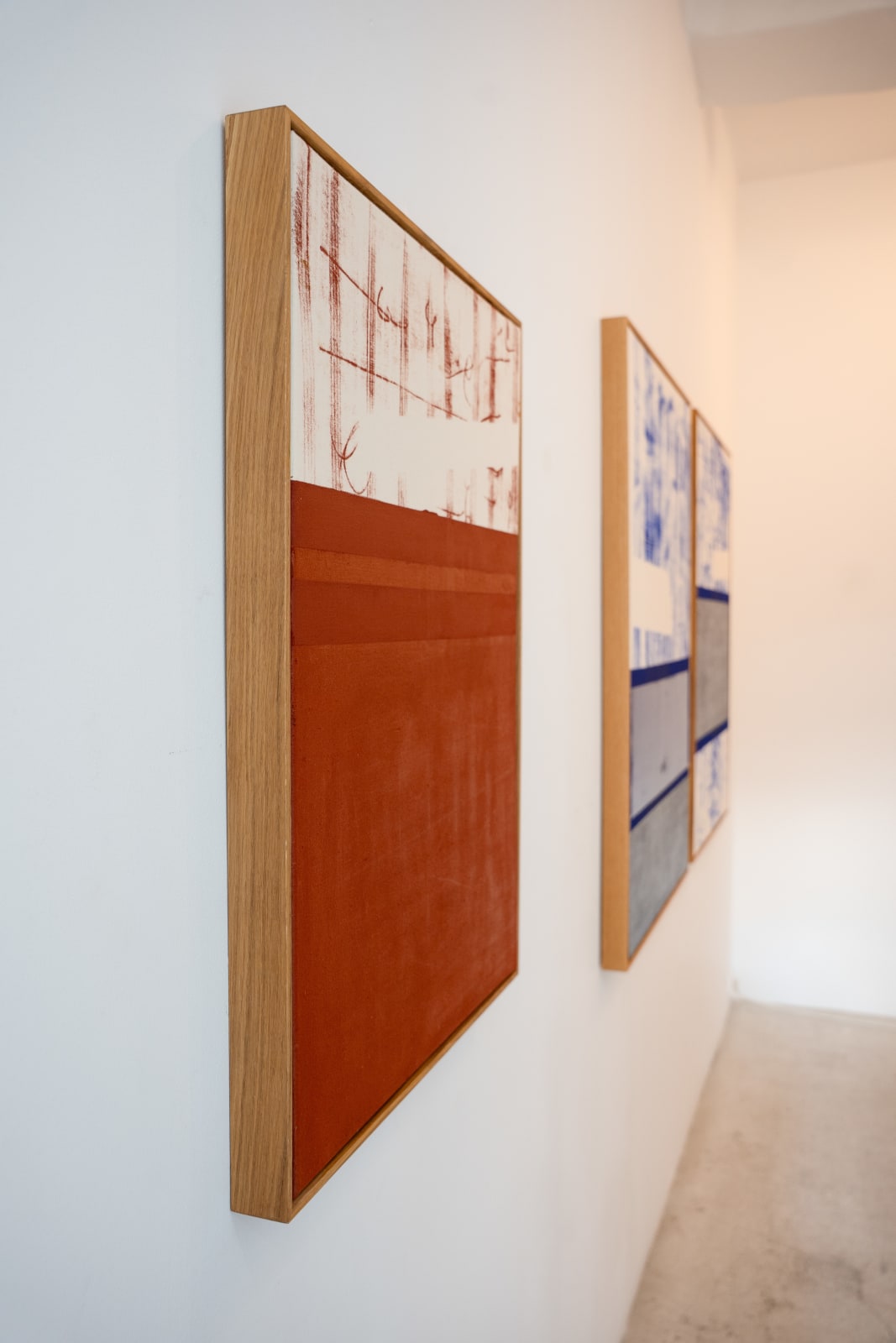 Søren Sejr, Composition Red. Scribble lines top, one line oil stick, one block oil stick bottom, 2025