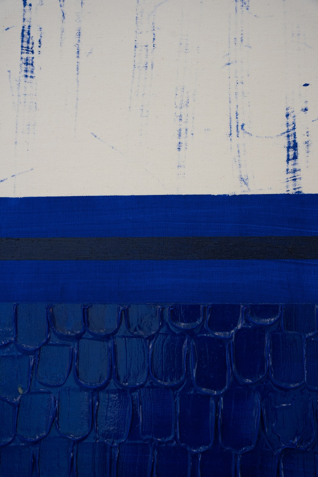 Søren Sejr, Composition Blue. Vanished scribble, one line oil stick, one block tiles bottom, 2025