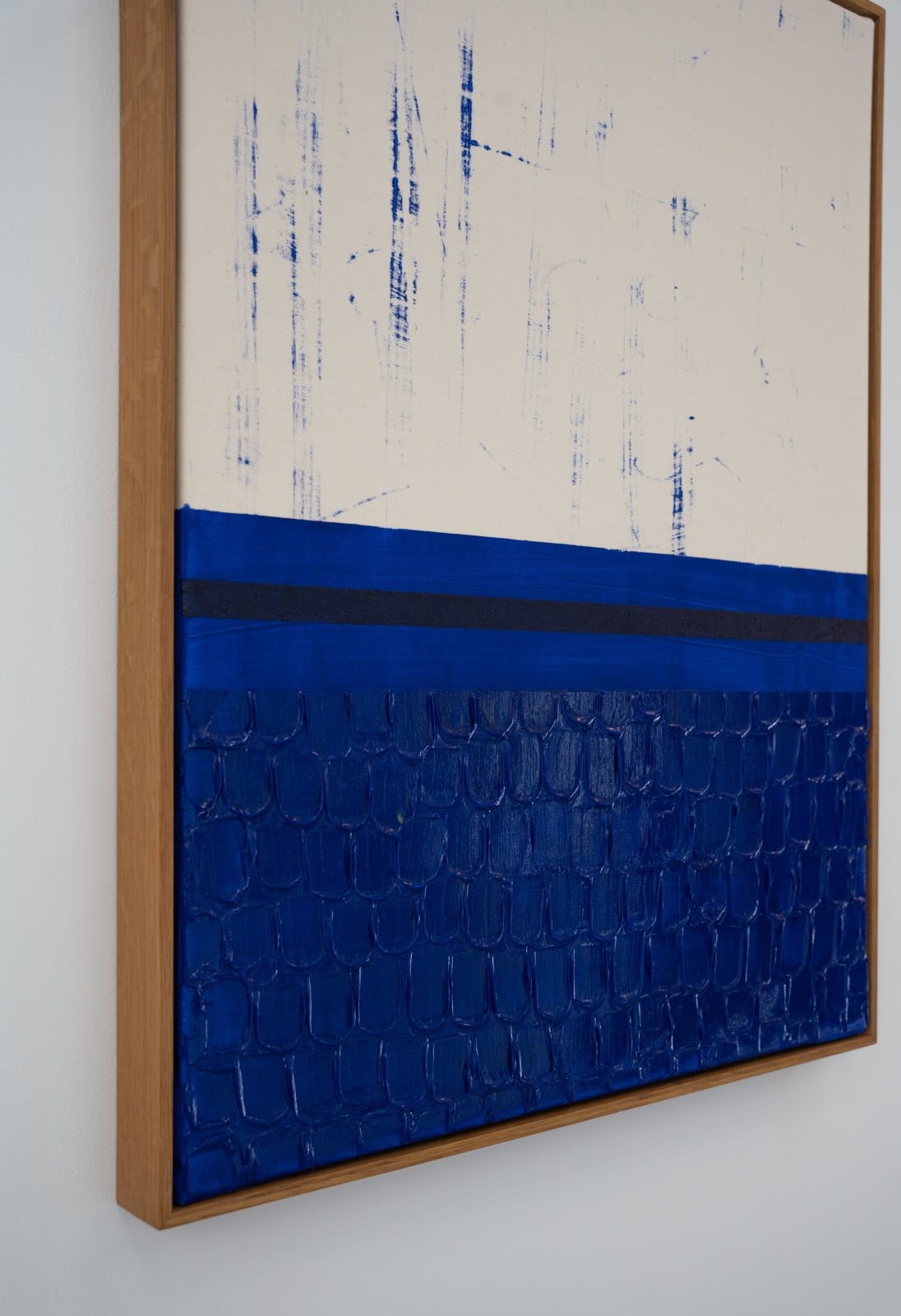 Søren Sejr, Composition Blue. Vanished scribble, one line oil stick, one block tiles bottom, 2025