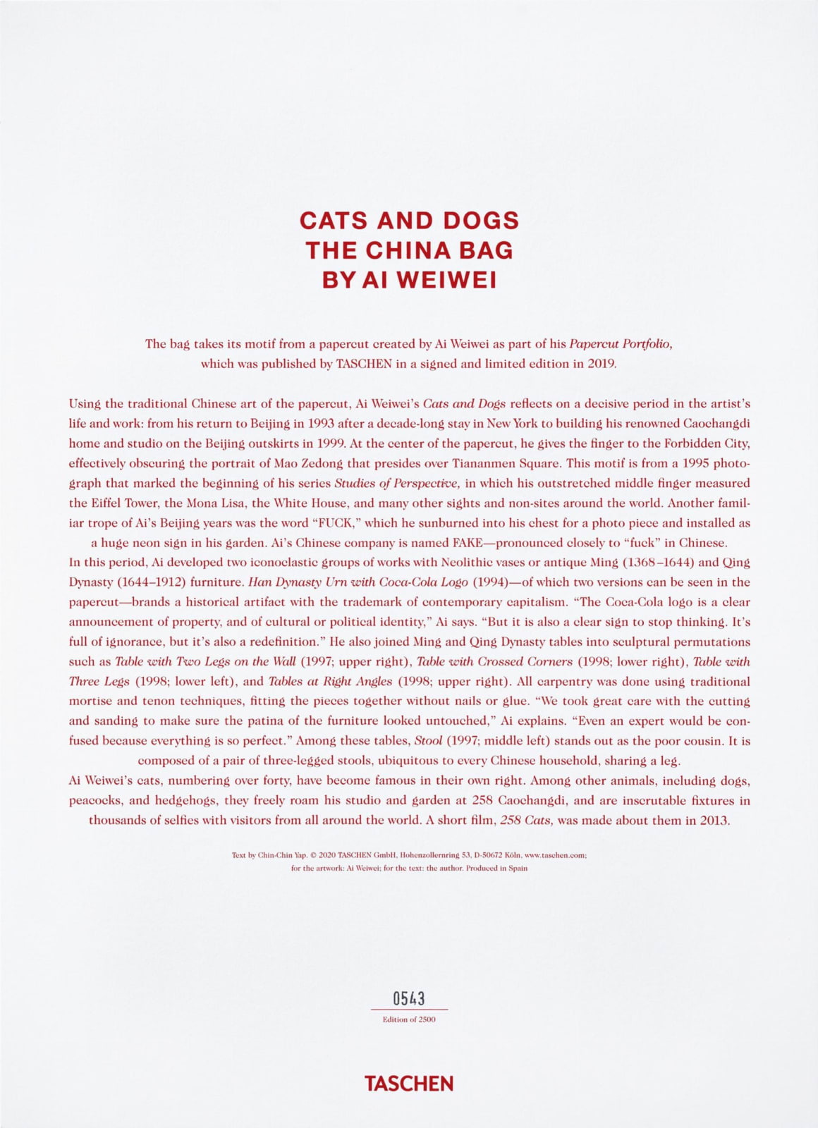 Ai Weiwei, The China Bag ‘Cats and Dogs’, 2020