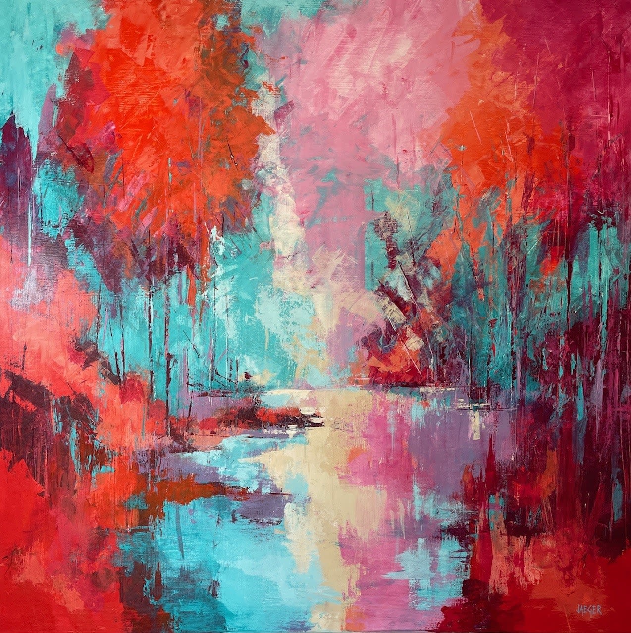 Abstract bold reds with turquoise 