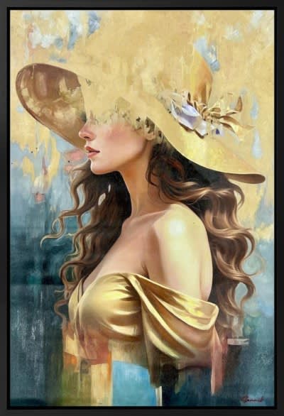 woman's profile dressed in gold with gold hat
