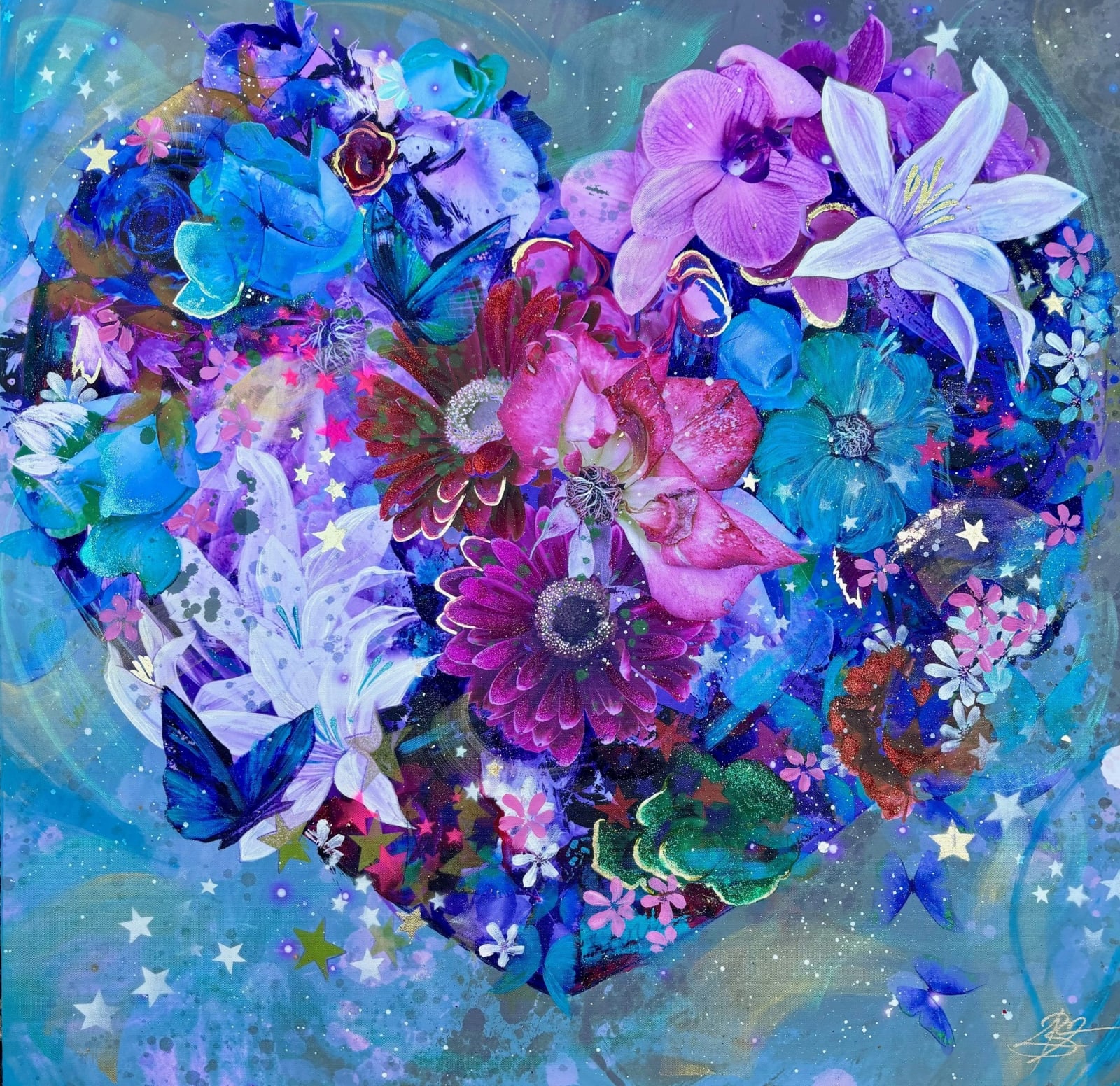 Purple, pink and blue flowers in heart shape