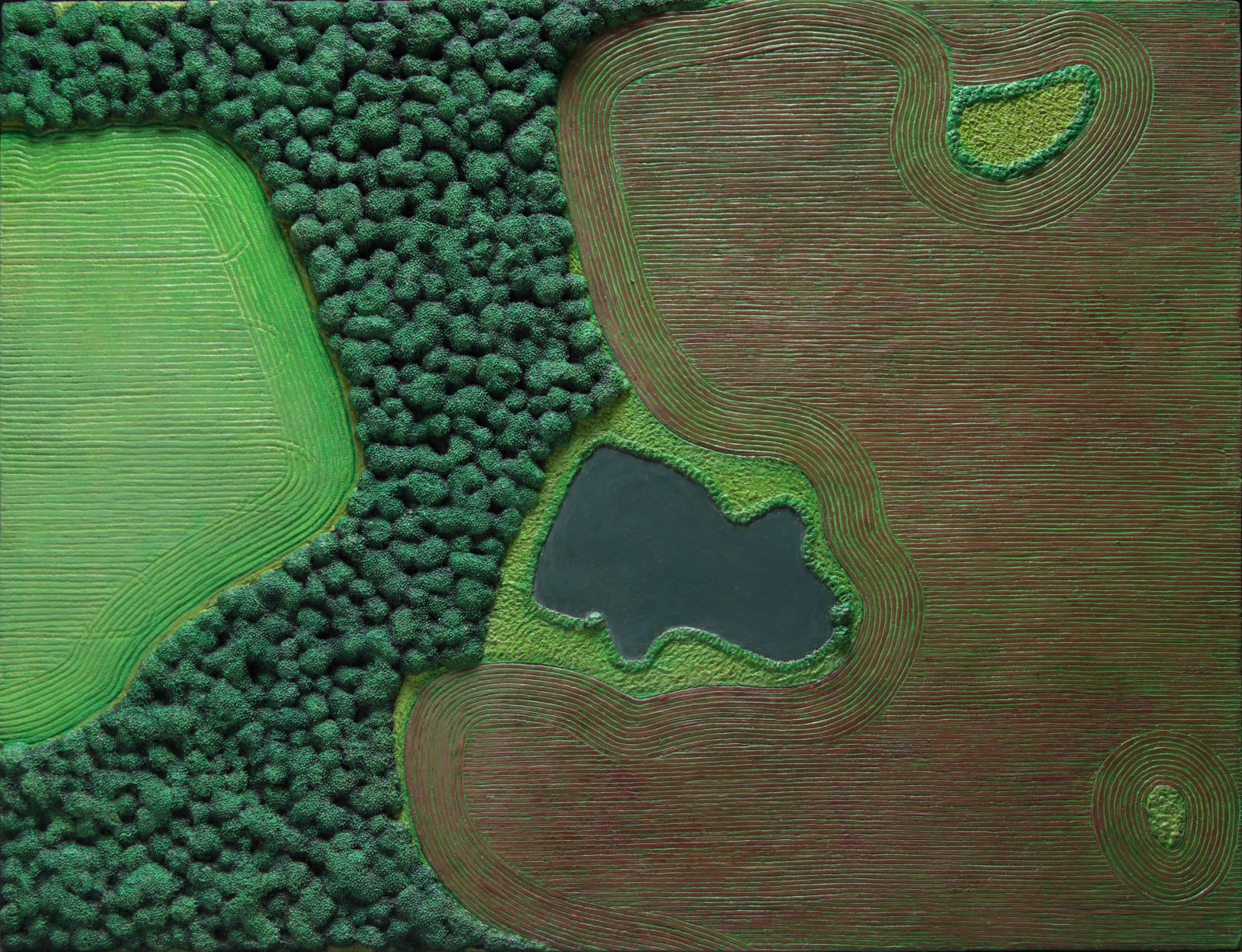 Diana Moore, Pond With Red and Green Fields