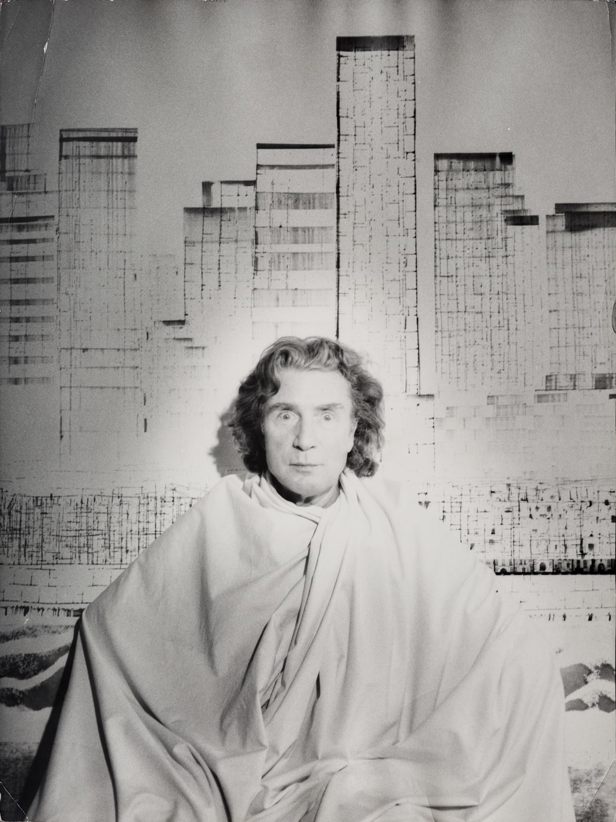 Francois Lagarde, Portrait of Brion Gysin in front of 'Pals Popping out of Windows', 1973