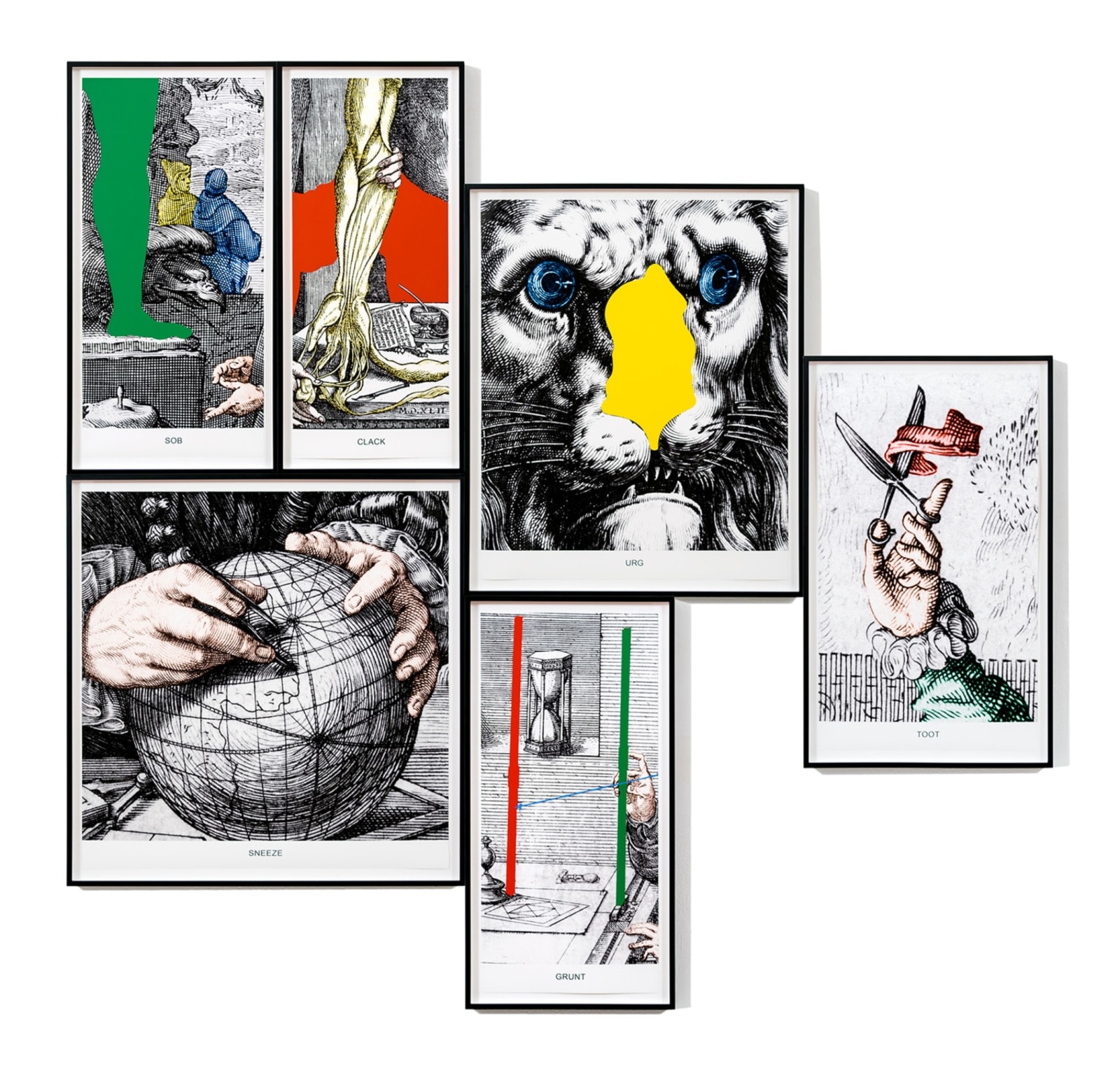 John Baldessari, Engravings with sounds: SOB, GRUNT, CLACK, SNEEZE, URG, TOOT, 2015