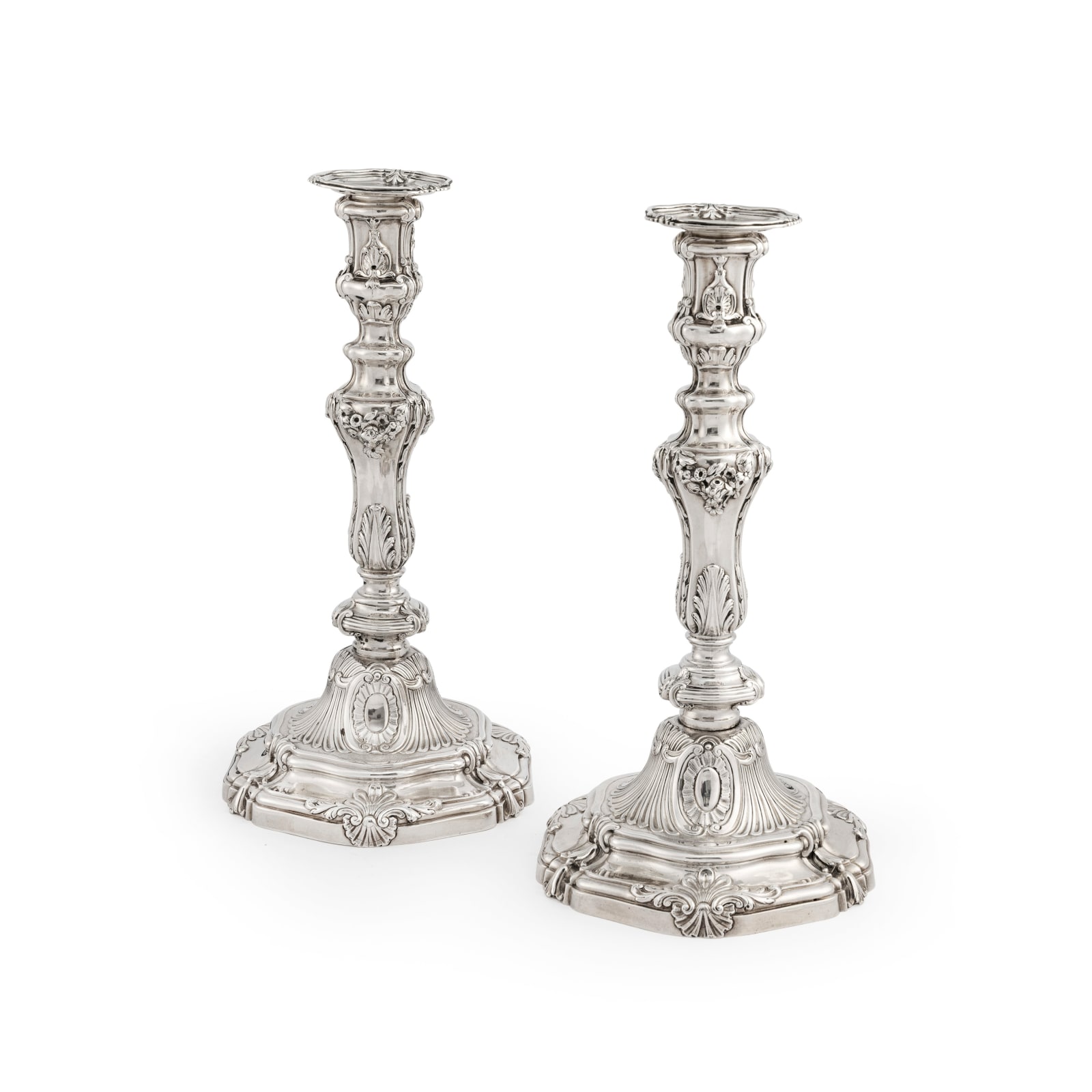 Peter Taylor, A Rare Pair of George II Rococo Candlesticks made in London by Peter Taylor, 1751