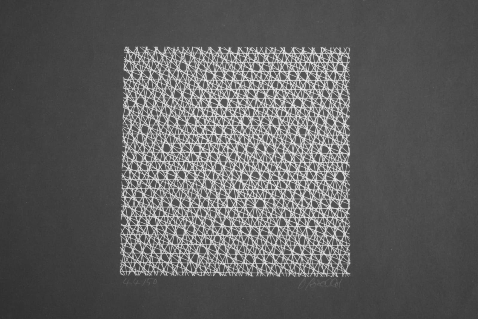 François MORELLET, 7 trames 0°, 20°, 40°, 60°, 80°, 100°, 120°, fines, blanches sur fond noir, 1976