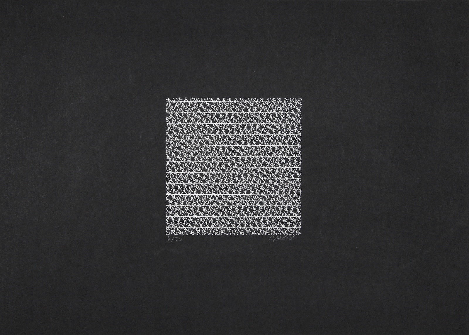 François MORELLET, 7 trames 0°, 20°, 40°, 60°, 80°, 100°, 120°, fines, blanches sur fond noir, 1976