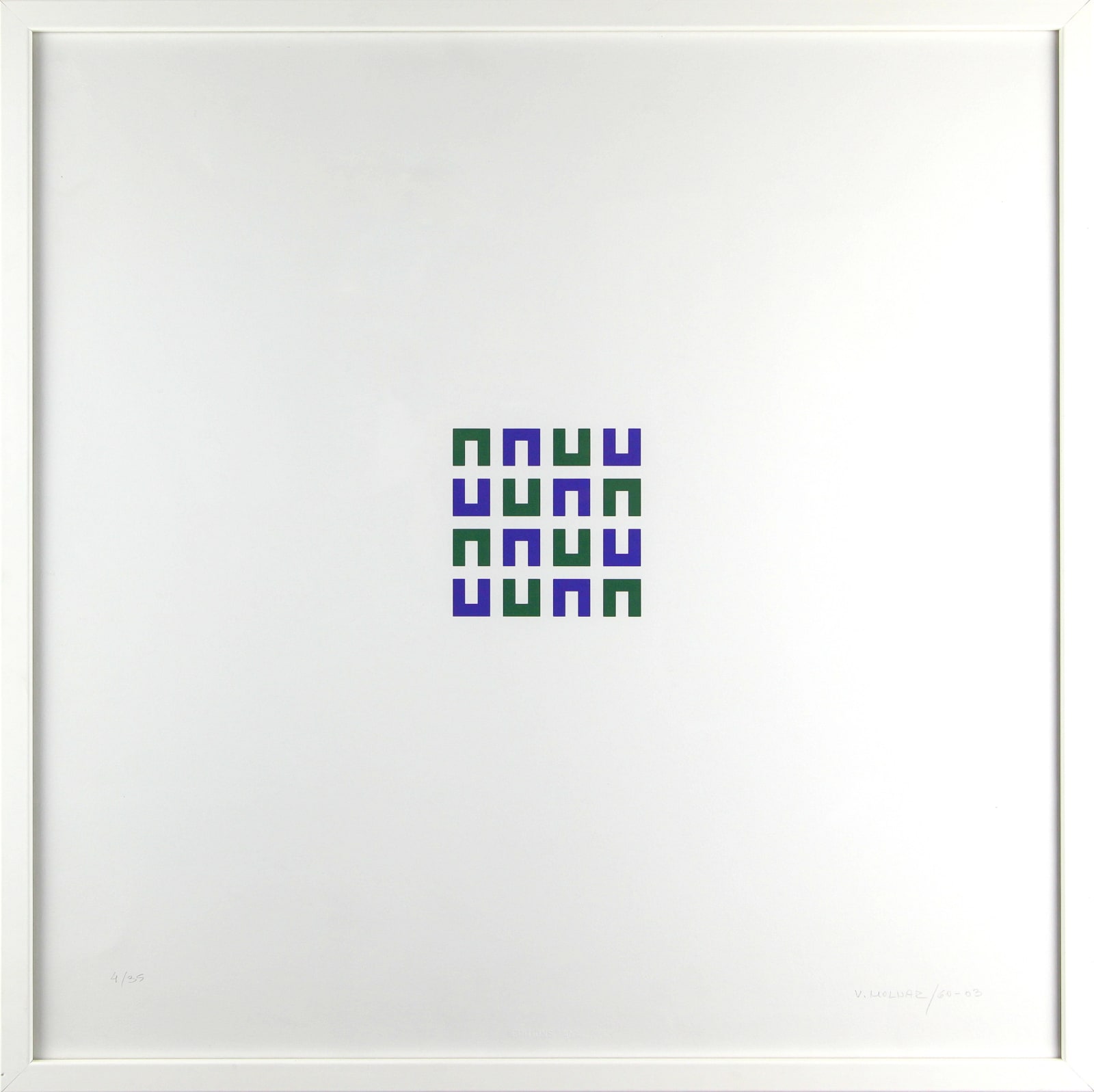 Vera MOLNAR, 16 éléments verts et bleus (Lettre U), 2003