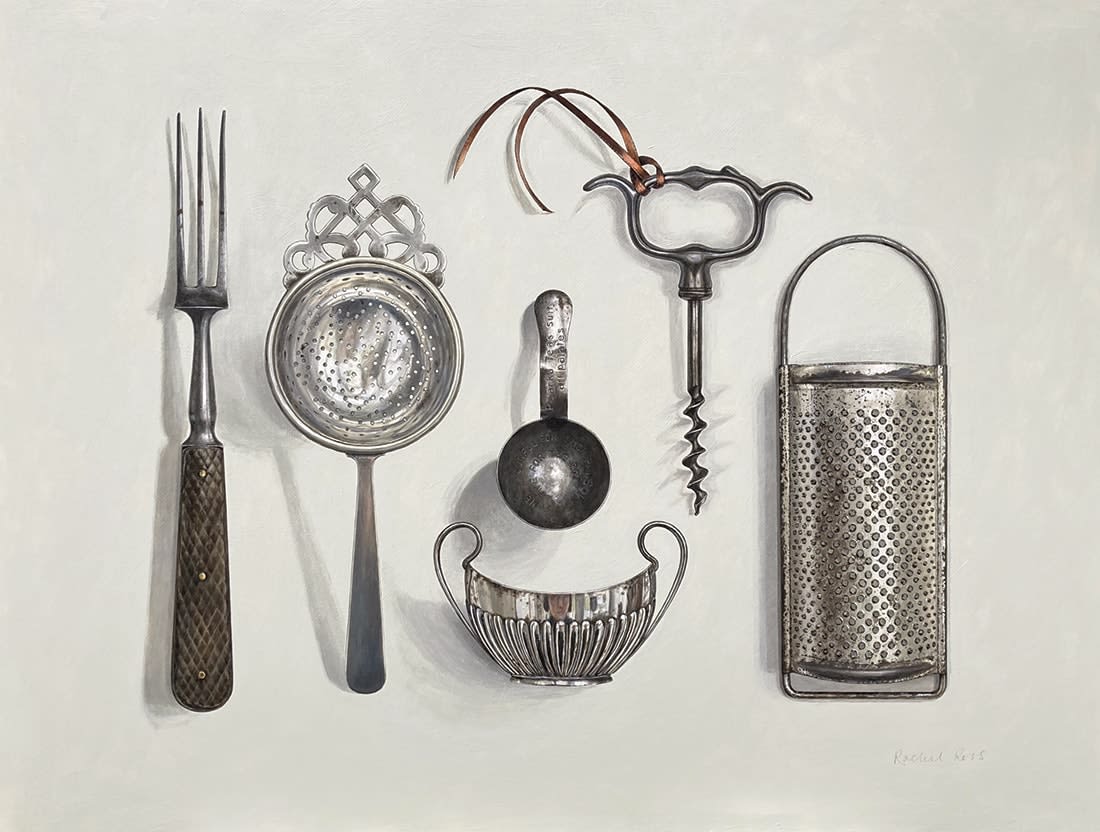 Rachel Ross, Silver salt cellar with kitchen equipment