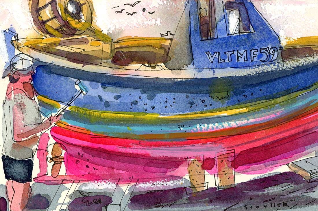 Glen Scouller RSW RGI, Painting Boats, Marsaxlokk, Malta (357)