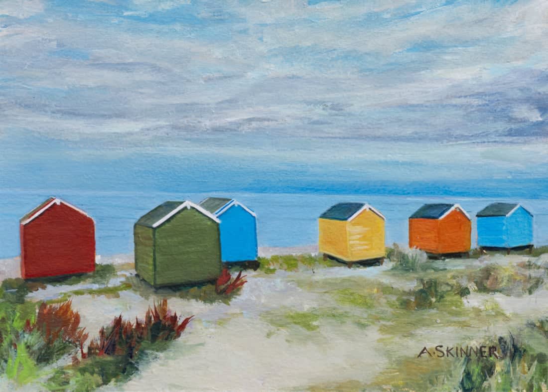 Anne Skinner, Findhorn Beach Huts Looking out to Sea (203)