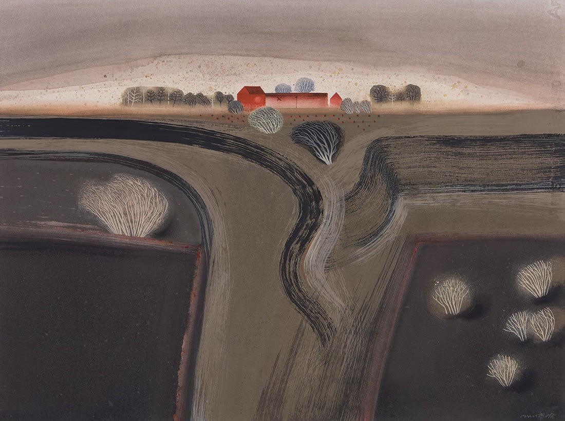Ann Ross RSW, Winter Fields, Red Barns