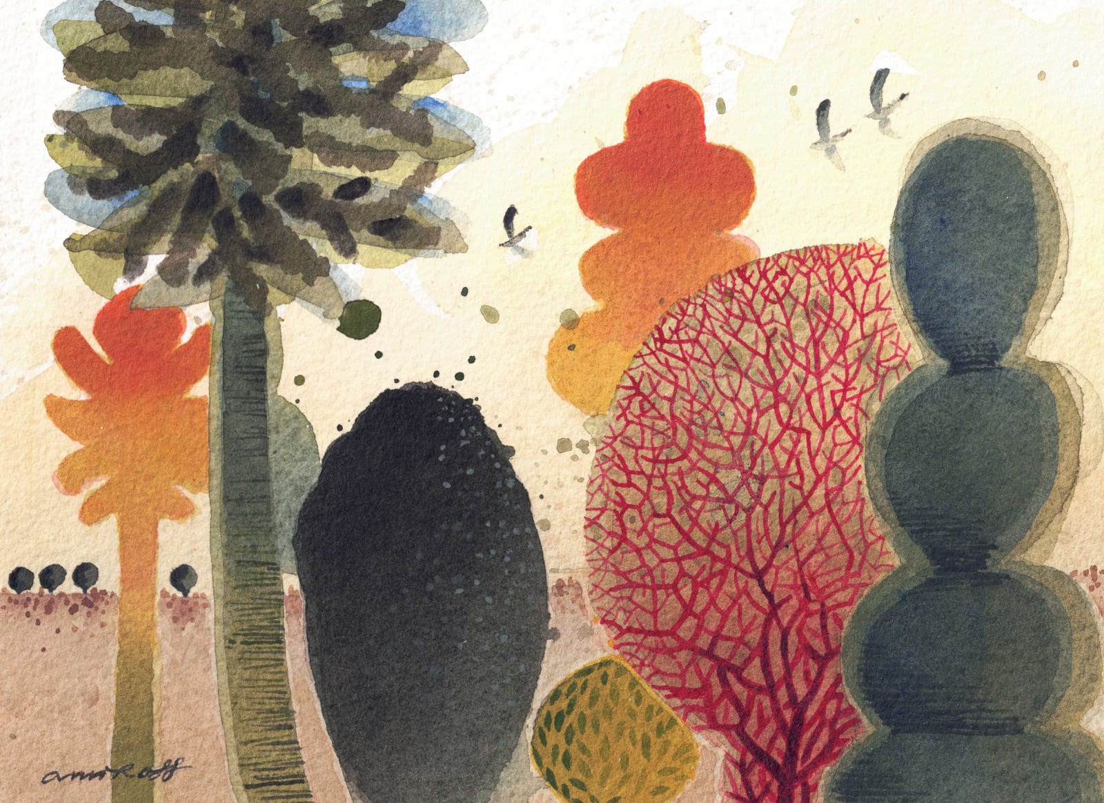 Ann Ross RSW, Shrubbery, birds (172)