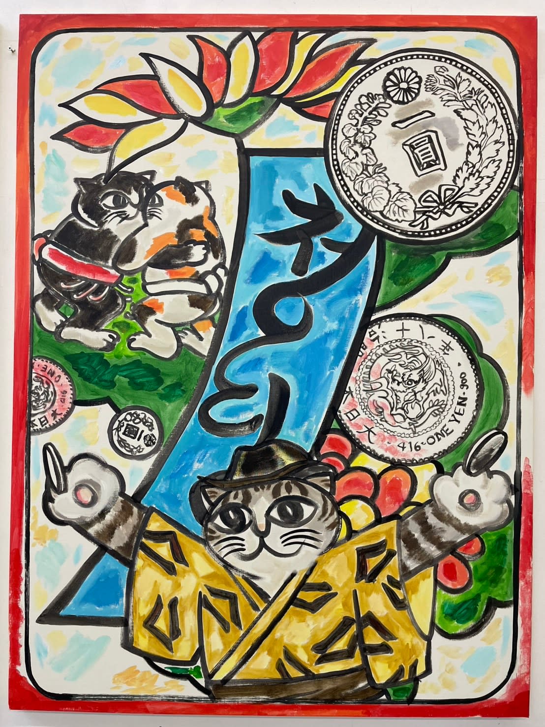 Nobuaki Takekawa, Cat’s Ashio Copper Mine Hwatu (Chrysanthemum with Blue Ribbon - Inviting Sumo Wrestlers and Throwing Silver Coins into the Audience), 2025