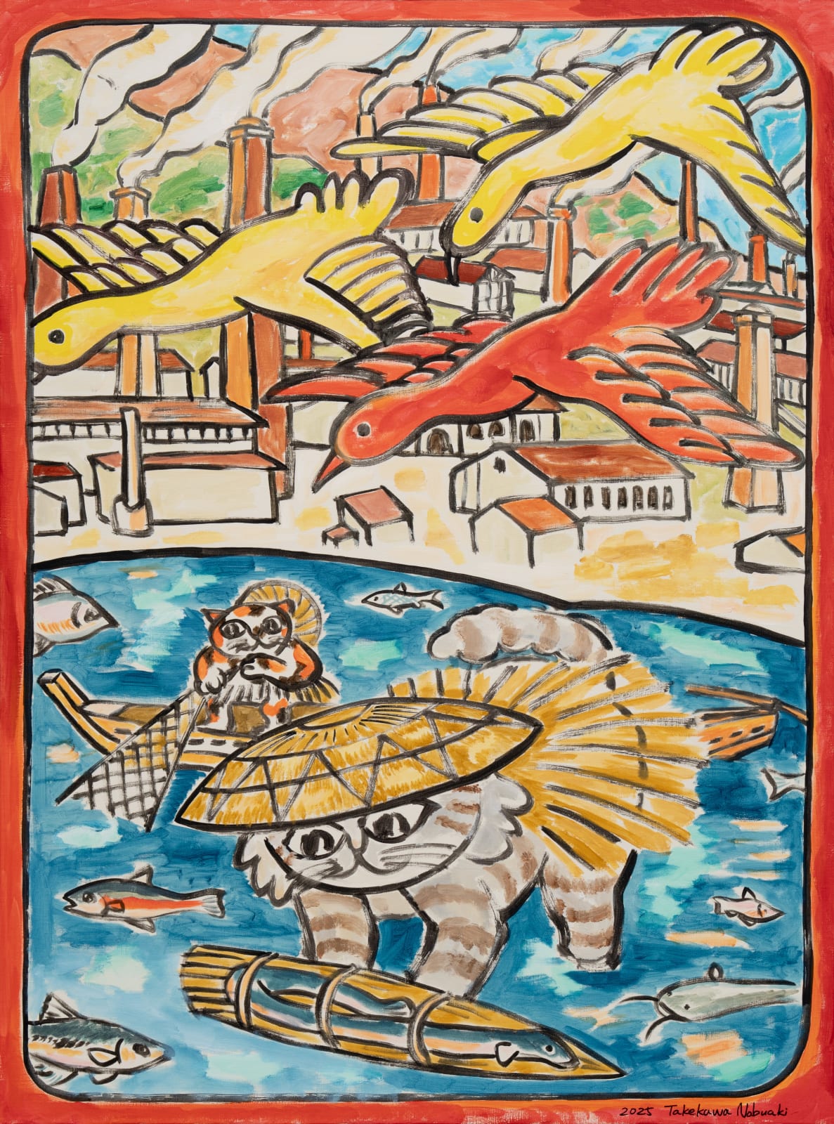 Nobuaki Takekawa, Cat’s Ashio Copper Mine Hwatu (Silver Grass with Geese – Yanaka Village Living with Water), 2025