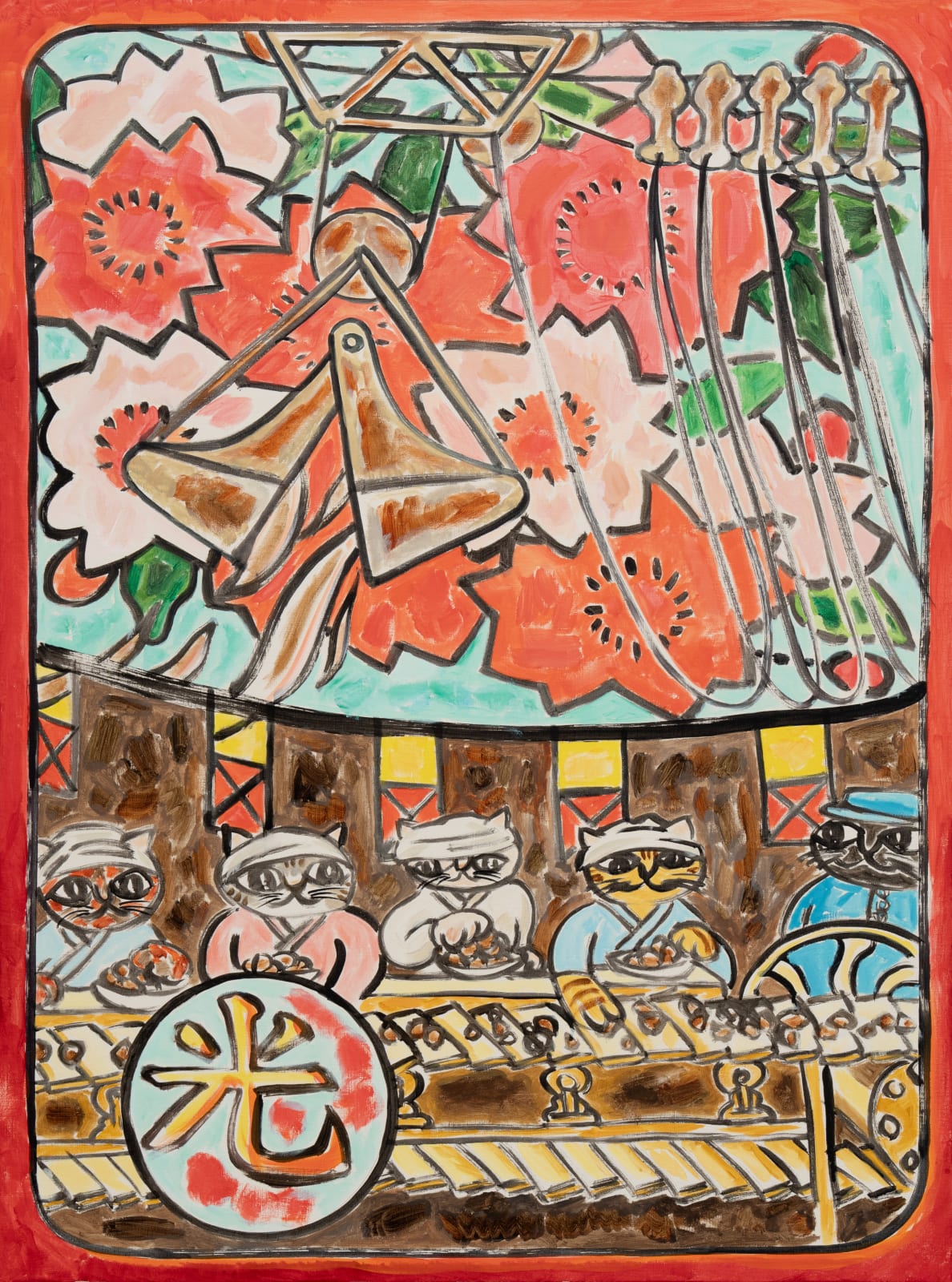 Nobuaki Takekawa, Cat’s Ashio Copper Mine Hwatu (Cherry Blossom with Curtain – Ore Sorting Work), 2025
