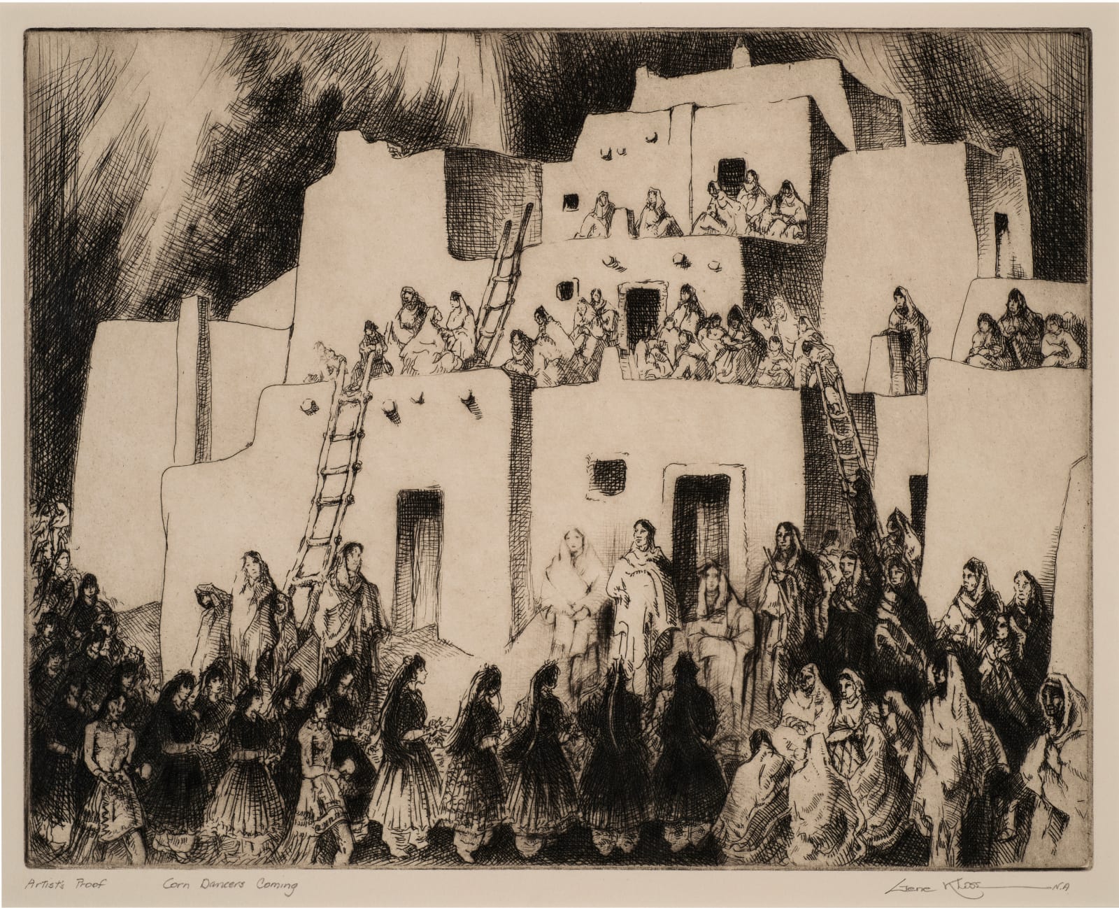 Gene Kloss, Corn Dancers Coming (Taos Pueblo), d. 1975