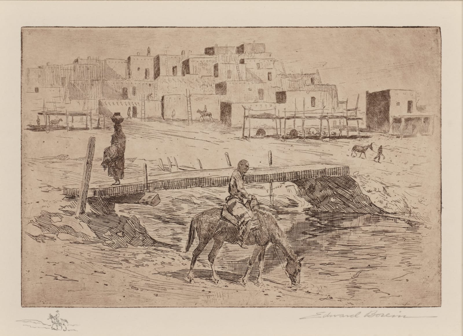 Edward Borein, The Wooden Bridge at Taos