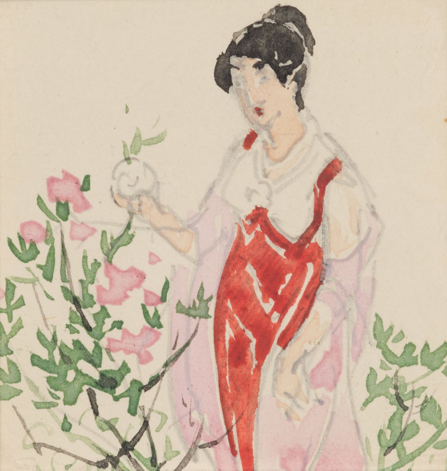 William Penhallow Henderson, Lady with Black Hair Among Flowers, c. 1900
