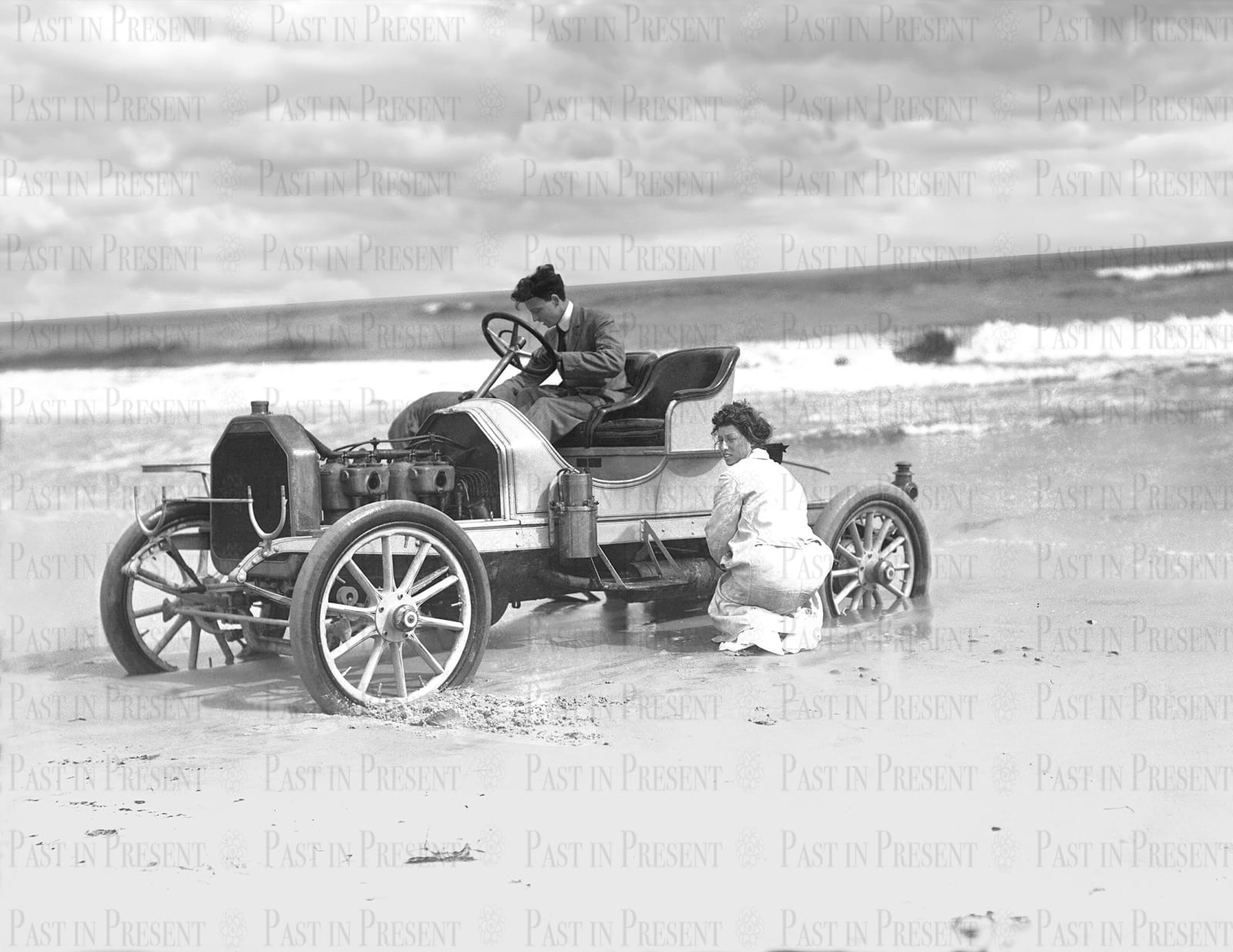 Sunday Outing Gone Awry Car Stuck Beach Sand Long Island NY, 1909
