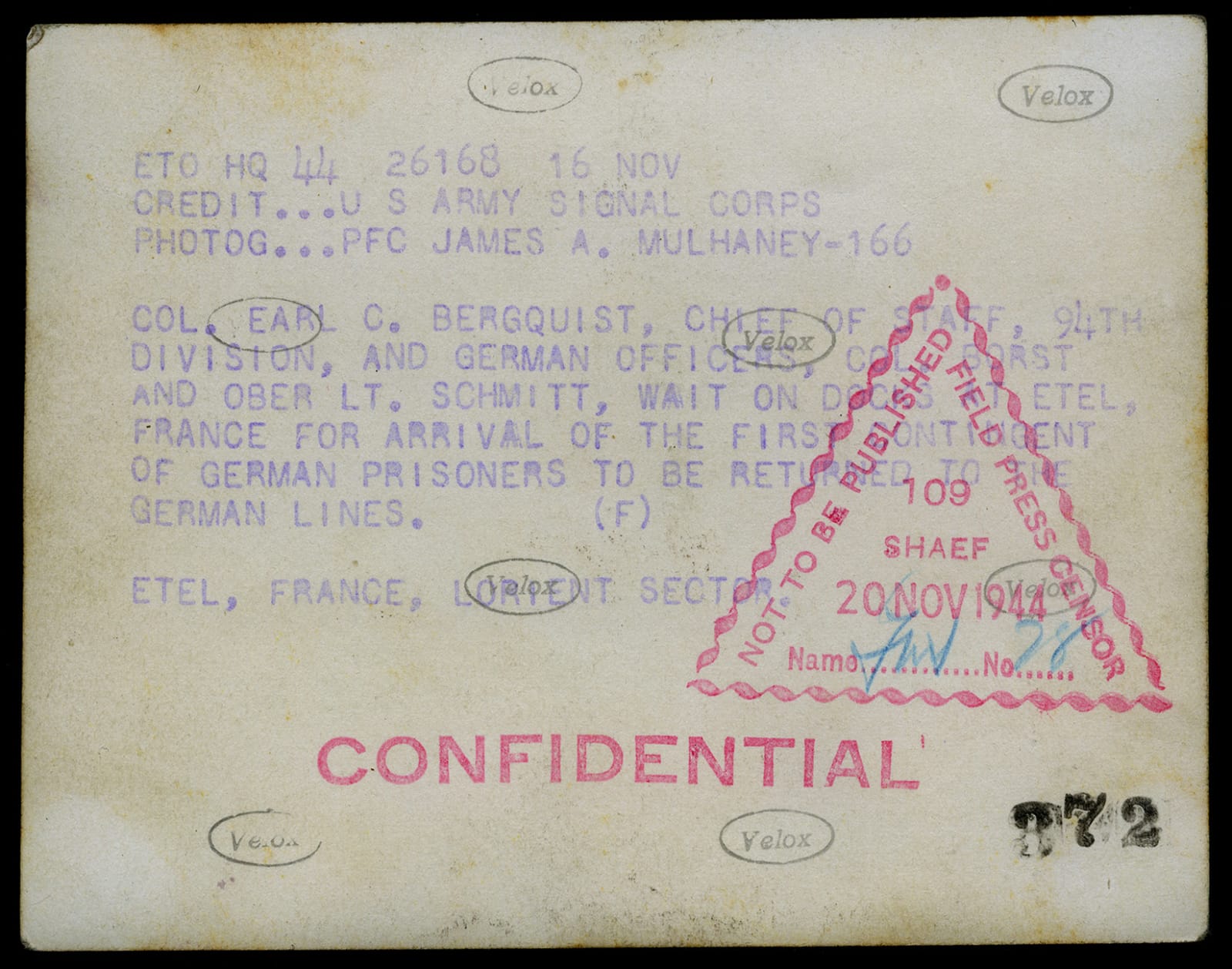 James A. Mulhaney, “Prisoners Exchange” Col. Earl C. Bergquist, chief of staff, 94th division, and German officers Etel, France 11.16.44, 1944