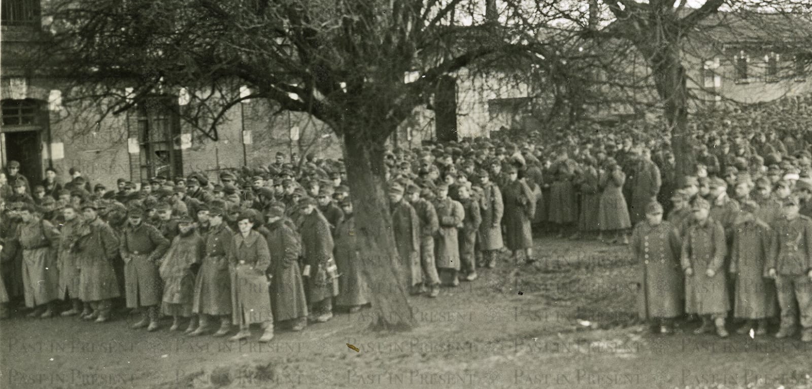 Roland Meade, German prisoners who were captured in Strasbourg being segregated at Epinal stockage into smaller groups for further shipment to rear areas France 11.27.44, 1944