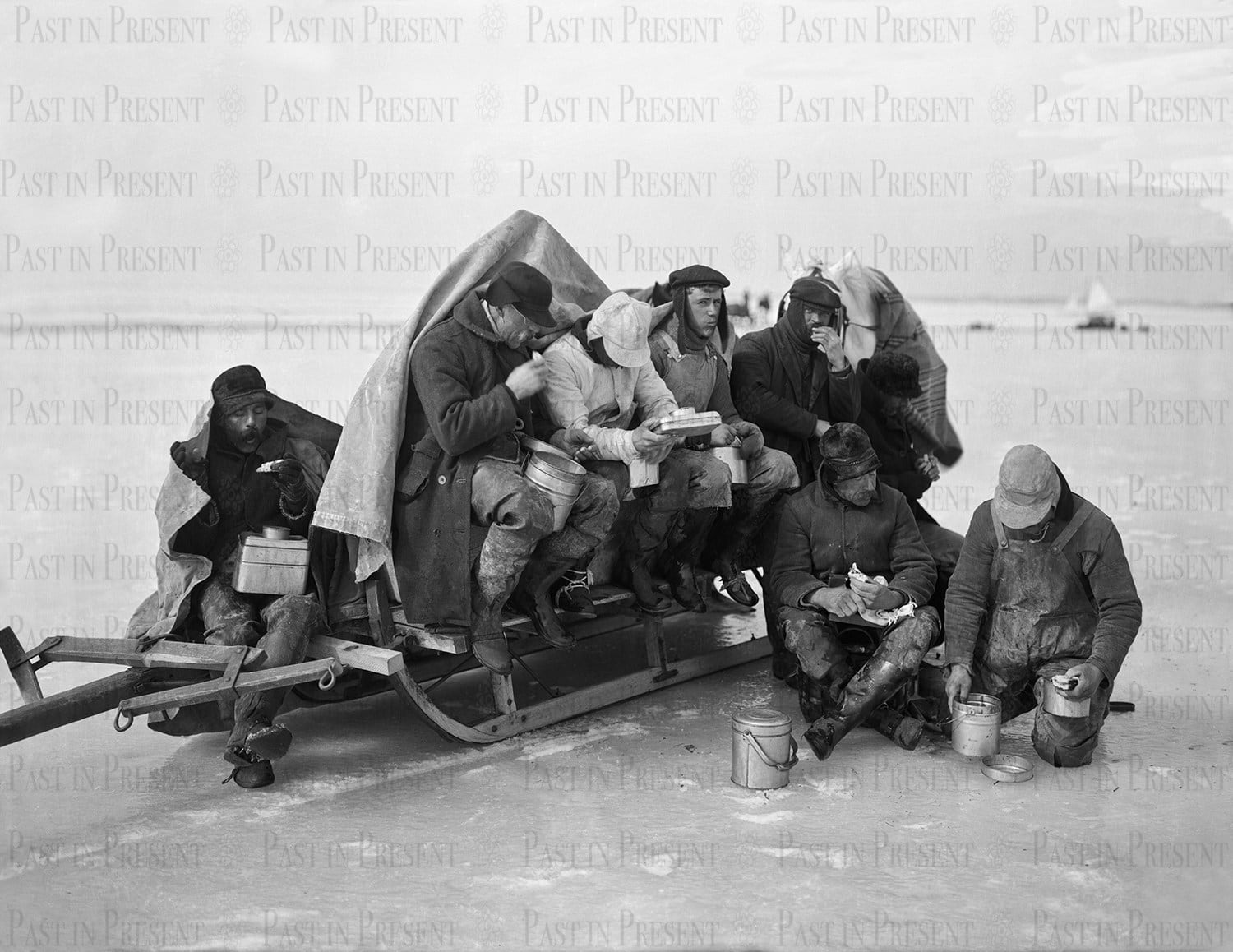 LI Great South Bay Oyster Crew Winter Lunch Break, c.1910s, c.1910s