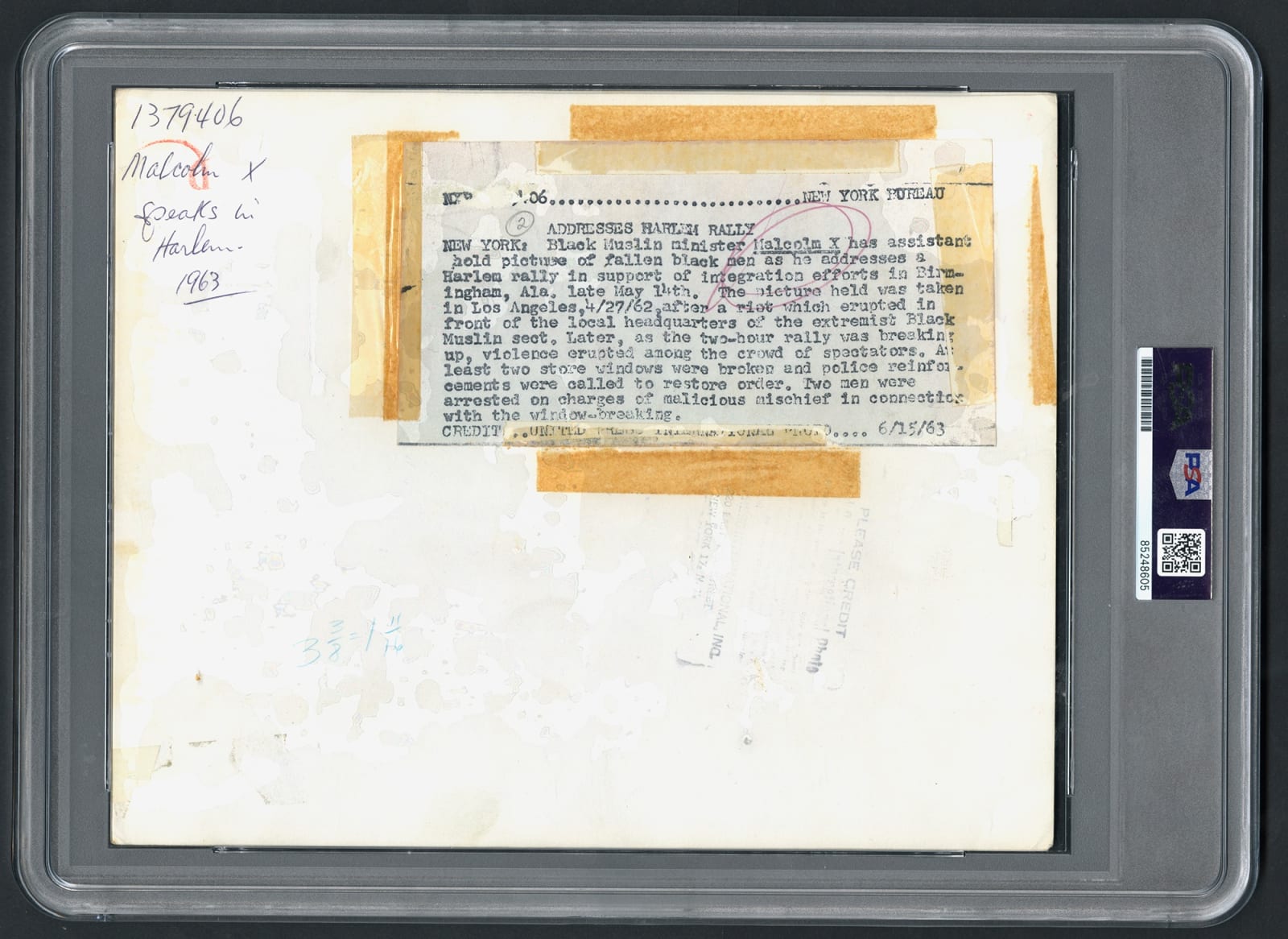 United Press International, Malcolm X Electrifies Harlem — Original 1963 UPI Type 1 Photograph | PSA Encapsulated | Civil Rights Era Press Icon, 1963