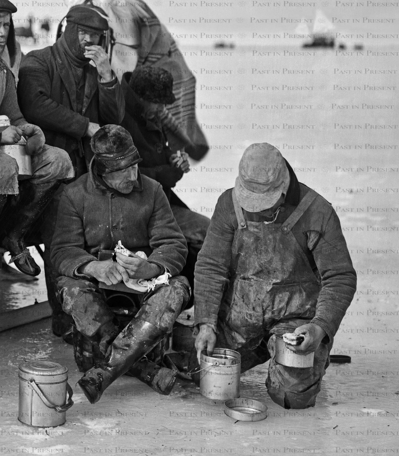 LI Great South Bay Oyster Crew Winter Lunch Break, c.1910s, c.1910s