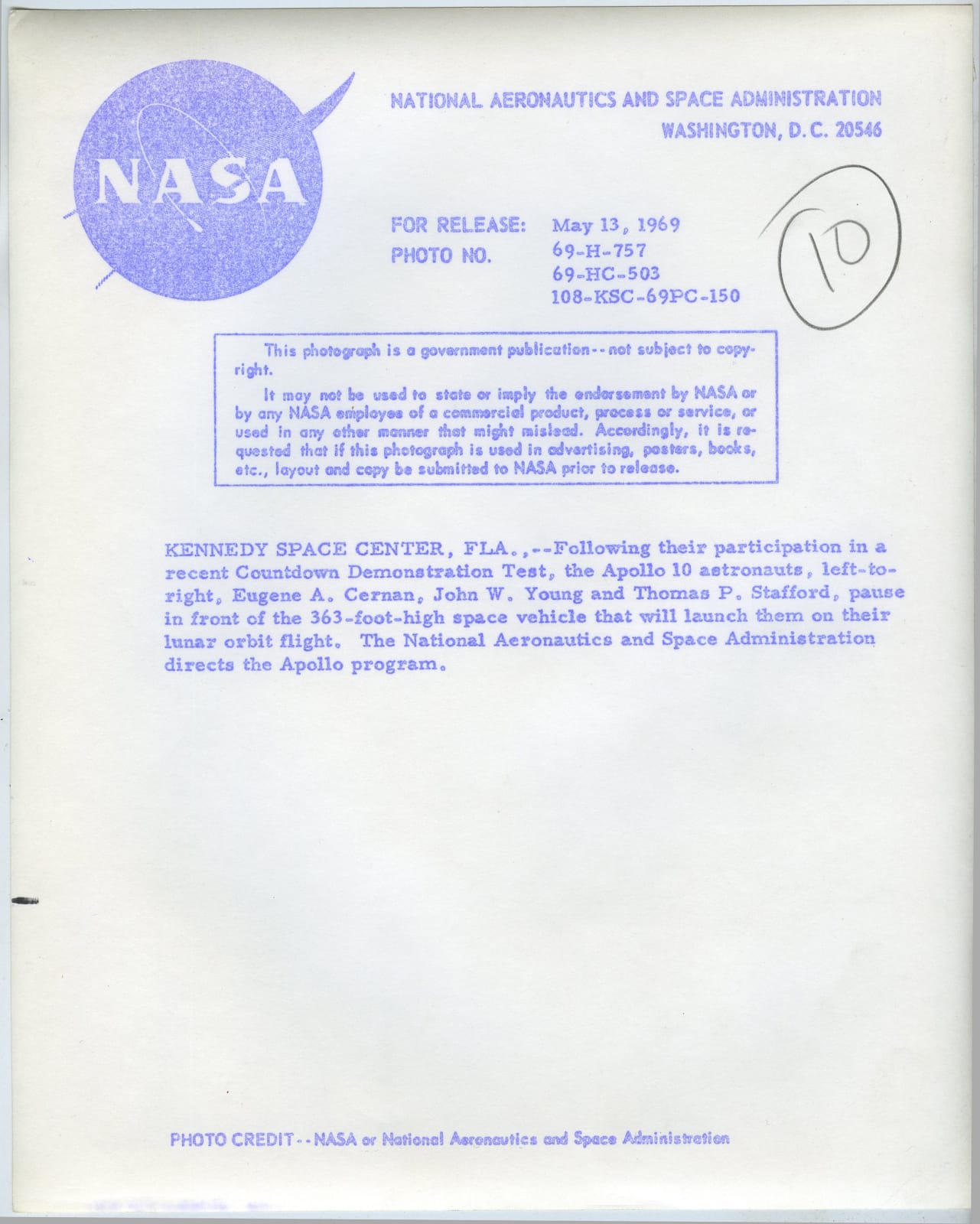 NASA, Apollo 10 Astronauts Eugene Cernan, John Young & Tom Stafford, 1969