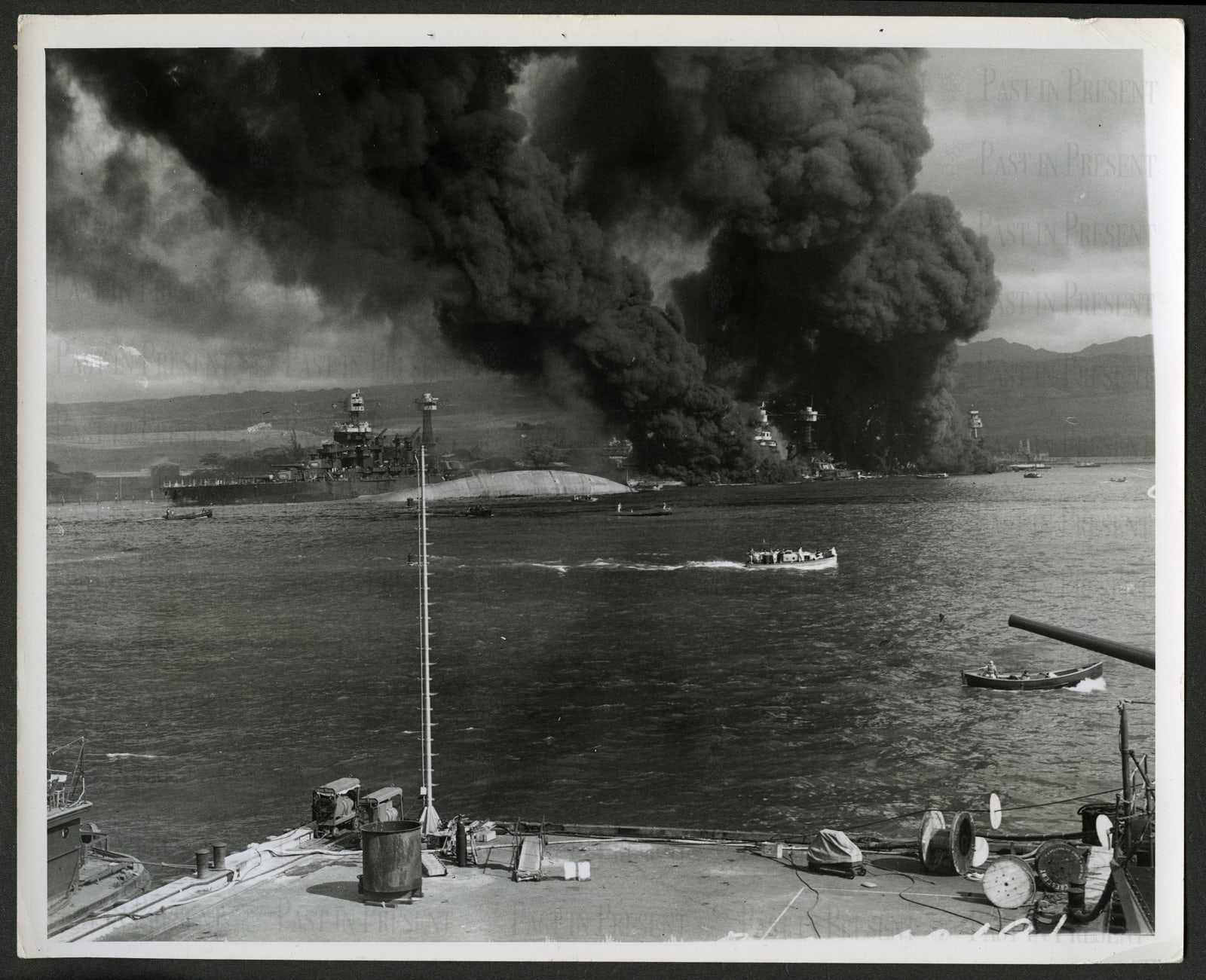 “Inferno at Battleship Row: Rare View of Pearl Harbor’s Devastation, December 7, 1941”, 1941