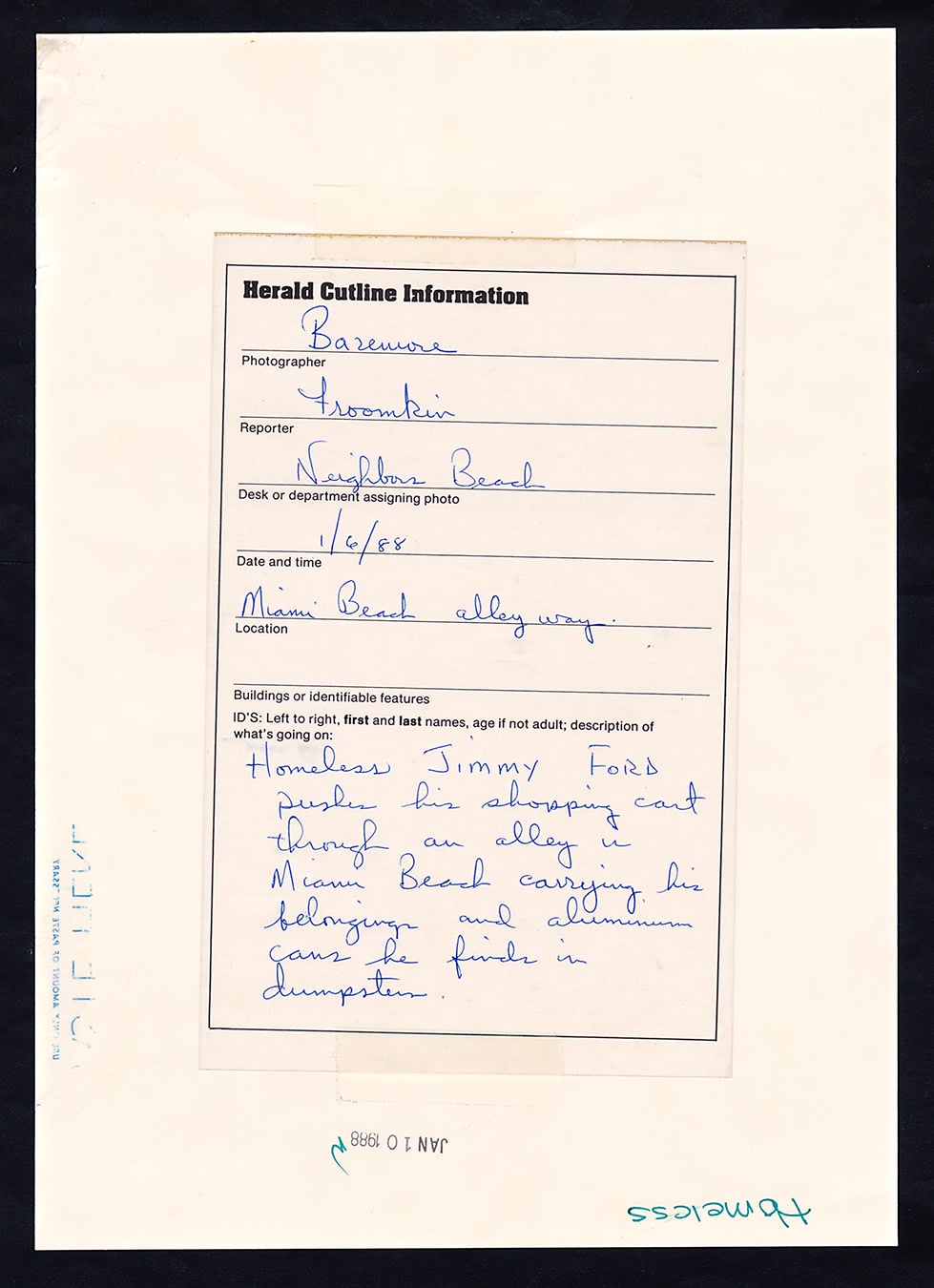 Randy Bazemore, “Everything He Owns: Jimmy Ford in the Alleys of Miami Beach” Miami Beach, Florida — January 10, 1988, 1988