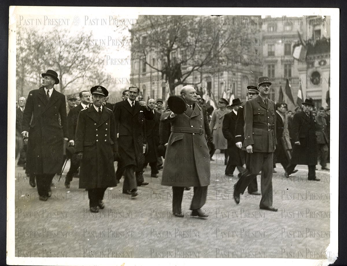 Liberation Day in Paris: Churchill and De Gaulle March in Triumph on Champs-Élysées, France , 1944