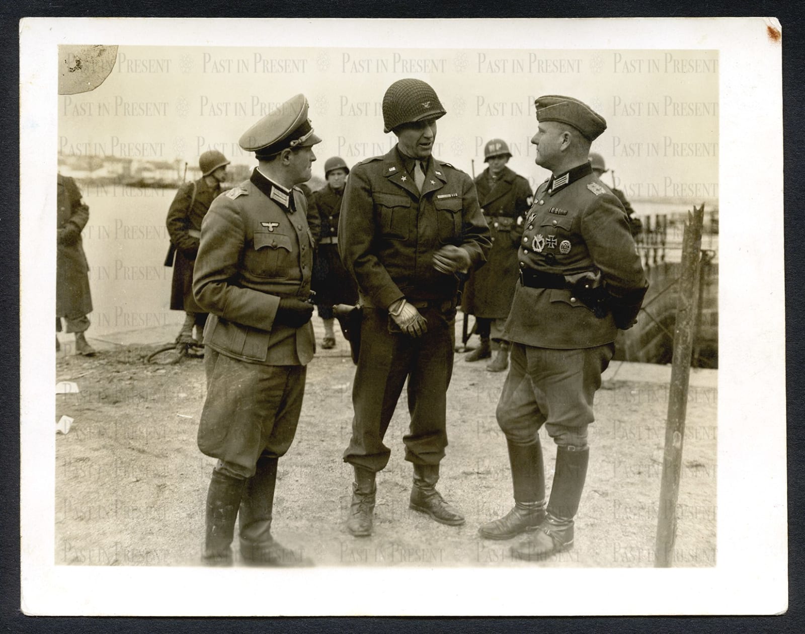 James A. Mulhaney, “Prisoners Exchange” Col. Earl C. Bergquist, chief of staff, 94th division, and German officers Etel, France 11.16.44, 1944