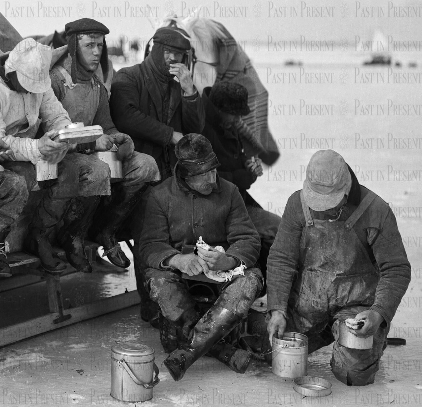 LI Great South Bay Oyster Crew Winter Lunch Break, c.1910s, c.1910s