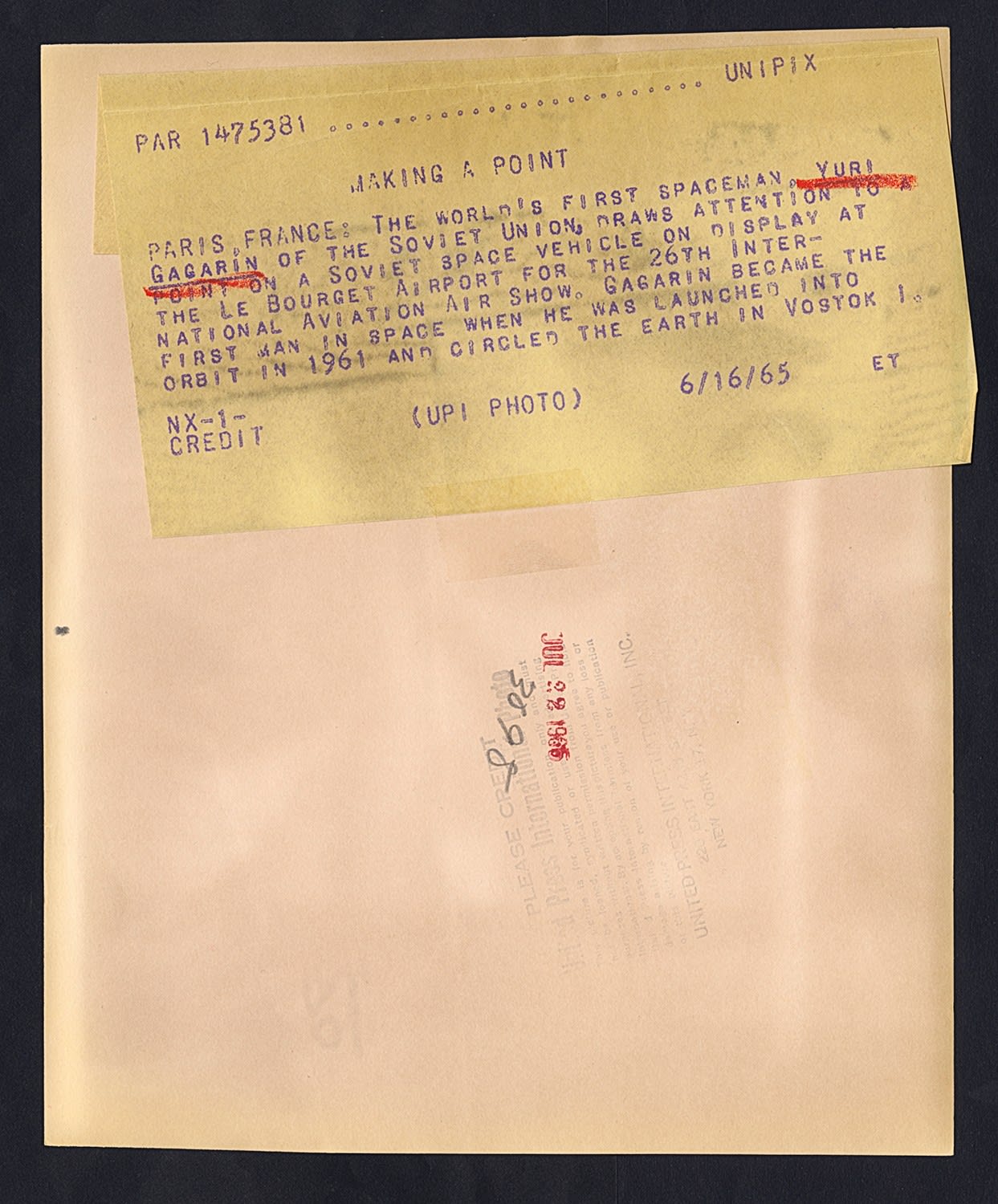 UPI Photo, “Making a Point: Yuri Gagarin, First Man in Space, Confronts the Future”Le Bourget Air Show, Paris, France — June 16, 1965, 1965