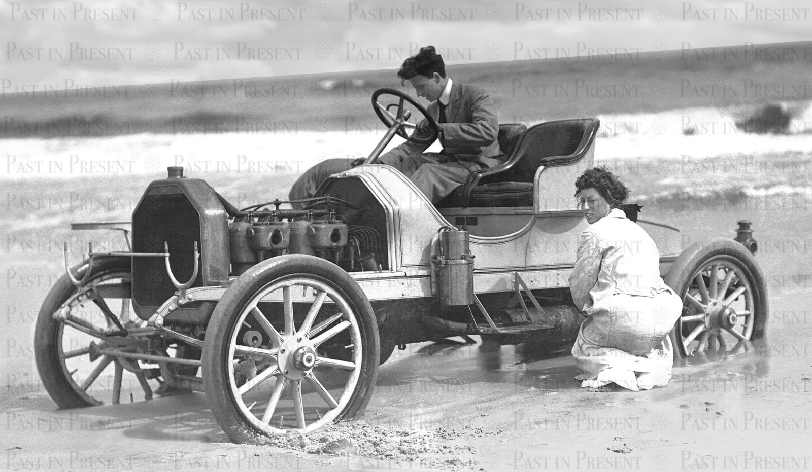Sunday Outing Gone Awry Car Stuck Beach Sand Long Island NY, 1909