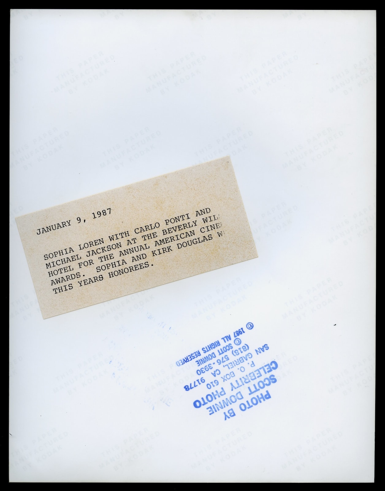 Scott Downie, Michael Jackson, Sophia Loren and Carlo Ponti at the 4th Annual American Cinema Awards, Beverly Wilshire Hotel, Los Angeles, 1987