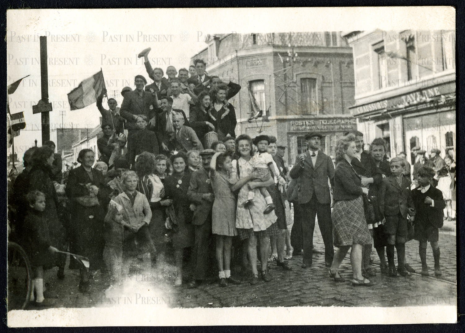 Liberation! Cheering Crowd of French Civilians on US Armored Vehicle on City Street, 1944