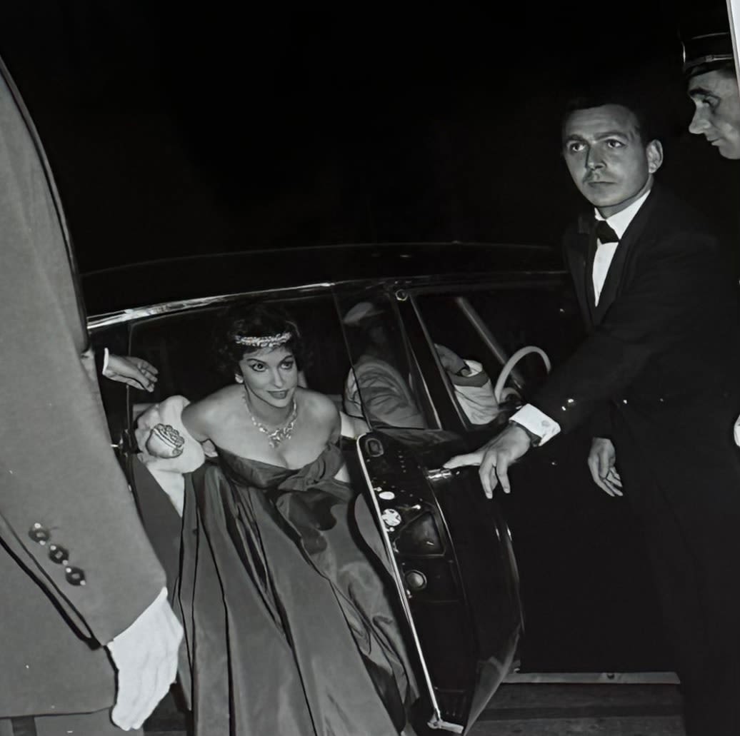 Claude Schwartz, Gina Lollobrigida arriving at Cannes Film Festival, 1958