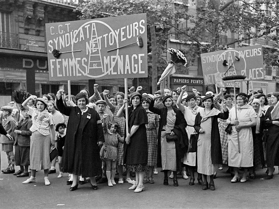 Roger-Viollet, The Cleaning Ladies Parade Bastille Day, Front Populaire, housekeepers members of French union Paris, July 14, 1936