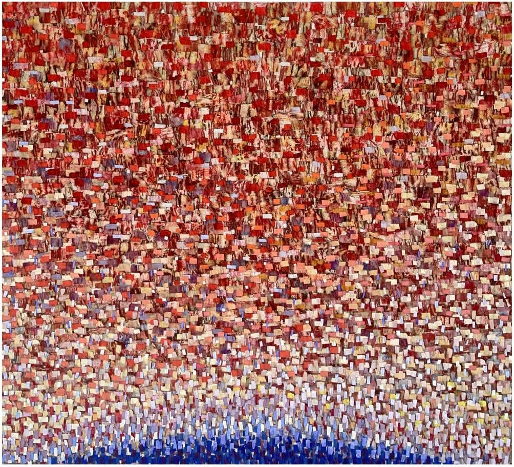 Abstract painting by Malian artist Mohamed Diabagaté, textiles forming a red background fading into blue at the bottom
