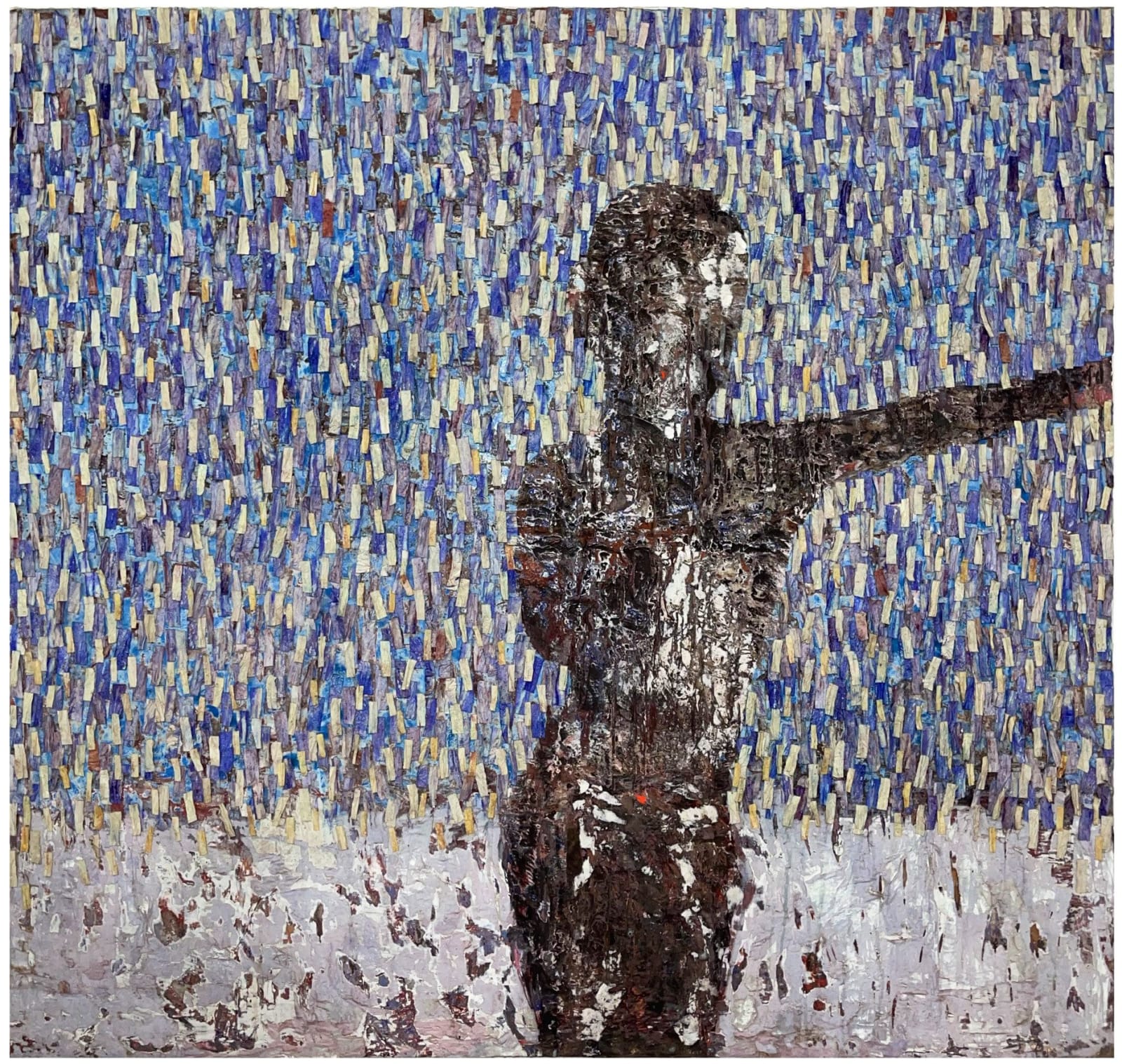 artwork by Malian artist Mohamed Diabagate, shows a silhouette against an abstract background