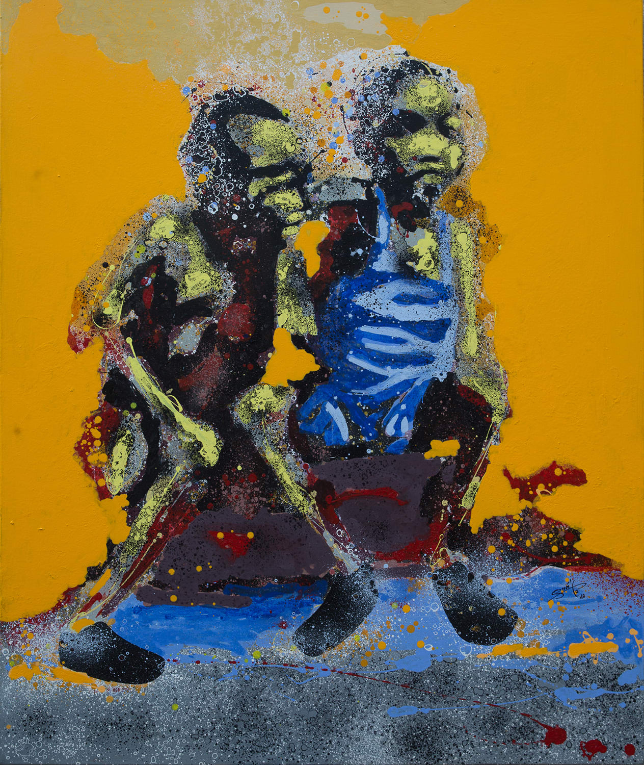 In a mustard background, two kids sitting next to each other in an embrace.