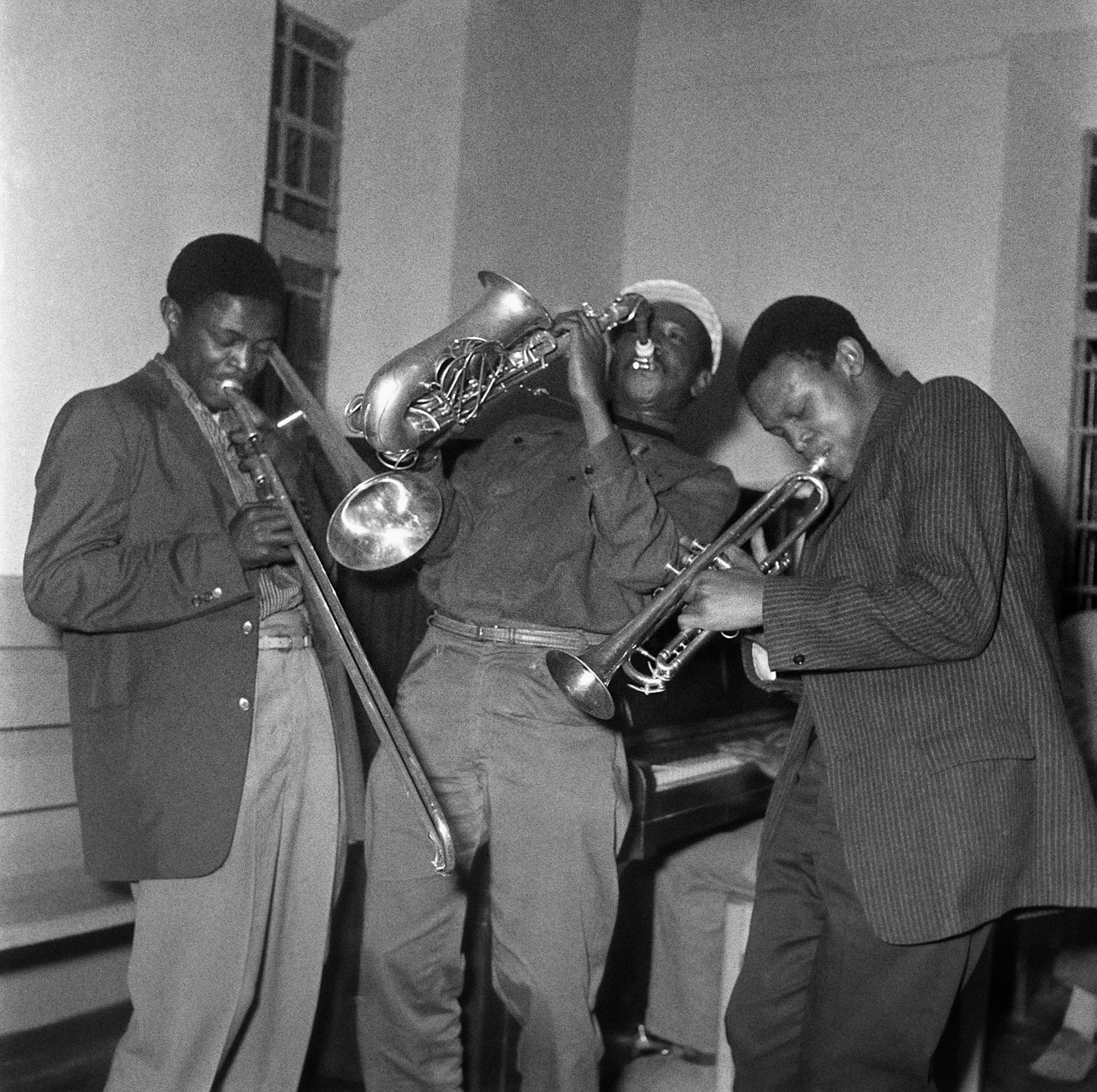Drum Archive, Battle of the Bands, Dorkay House, Johannesburg - Jonas Gwangwa, Gwigwi Mwrebi, Hugh Masekela, 1959, printed 2025