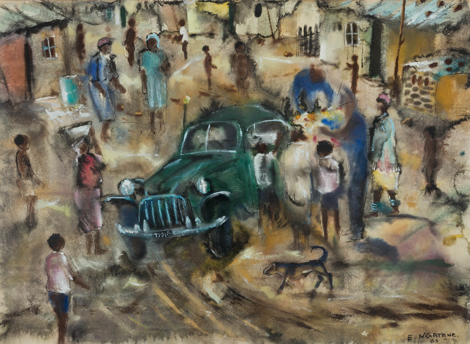Ephraim Ngatane, Figures Beside a Car, 1963
